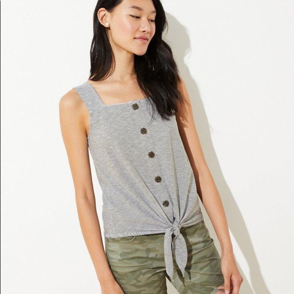 LOFT Olive Stripe Button Front Hem Tie Tank Top